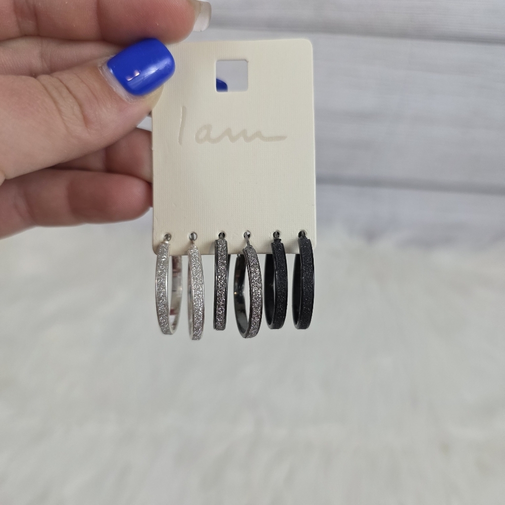 Iam Silver and Black Sparkly Glitter Hoop Earrings Set